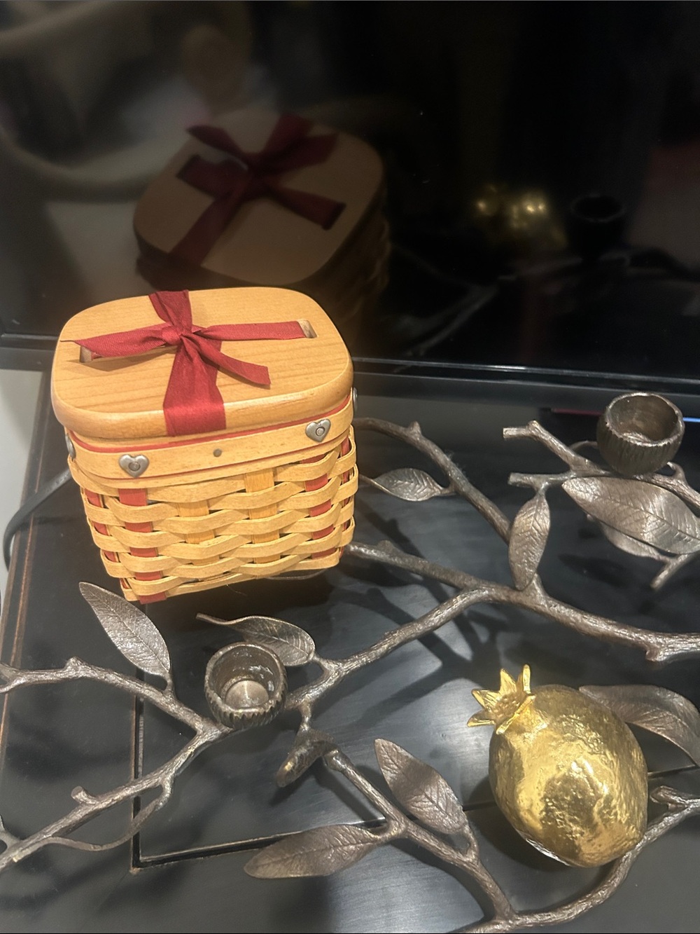 Longaberger handwoven Natural Wood Basket with Red Ribbon Lid, rare to find
